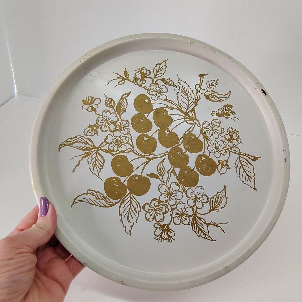 MCM 11" Round Metal Tray Gold Cherries on‎ White Fun Retro Serving Decor Vintage